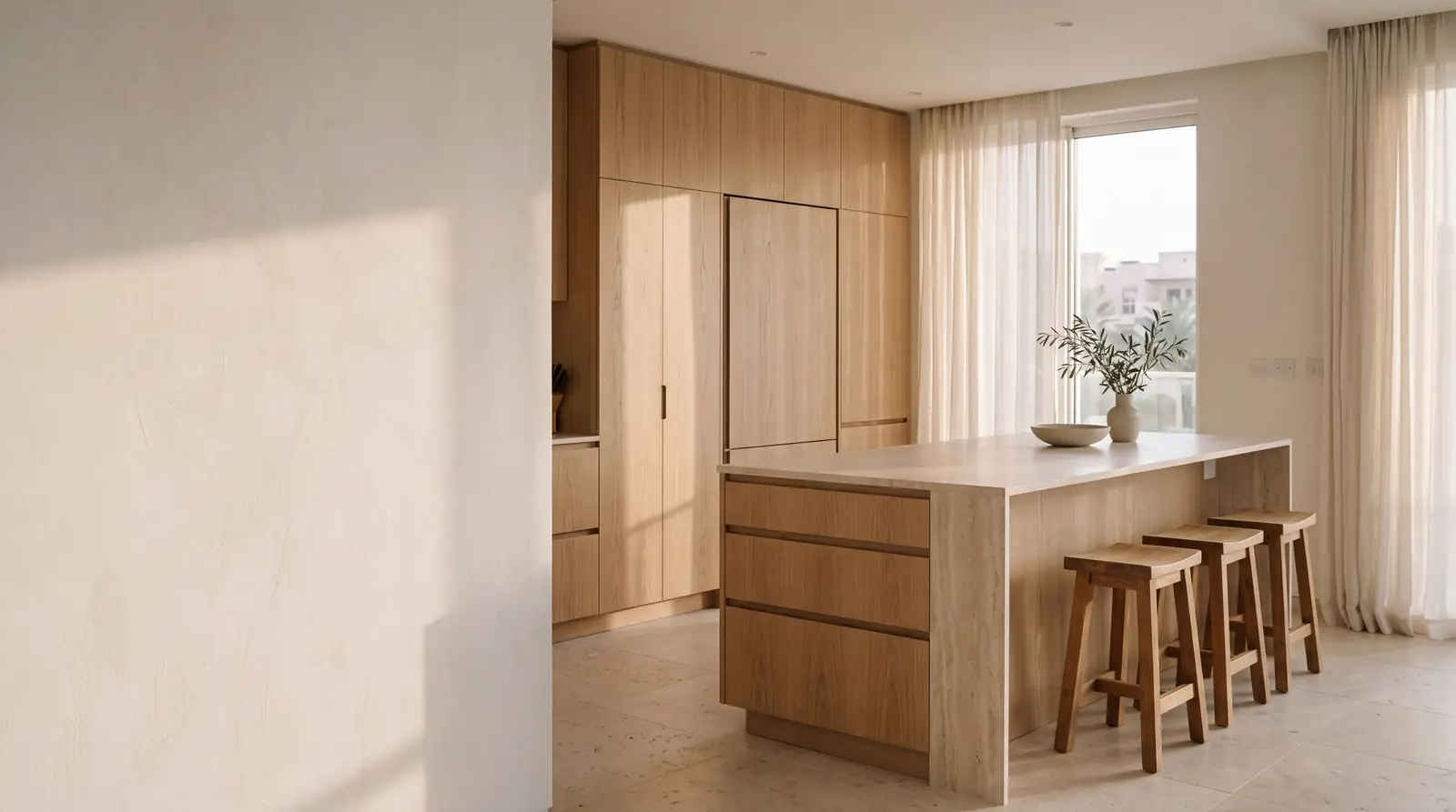 Concept kitchen: light oak cabinetry from floor to ceiling, an oak island with a pale stone worktop and three wooden stools, afternoon light through sheer curtains.