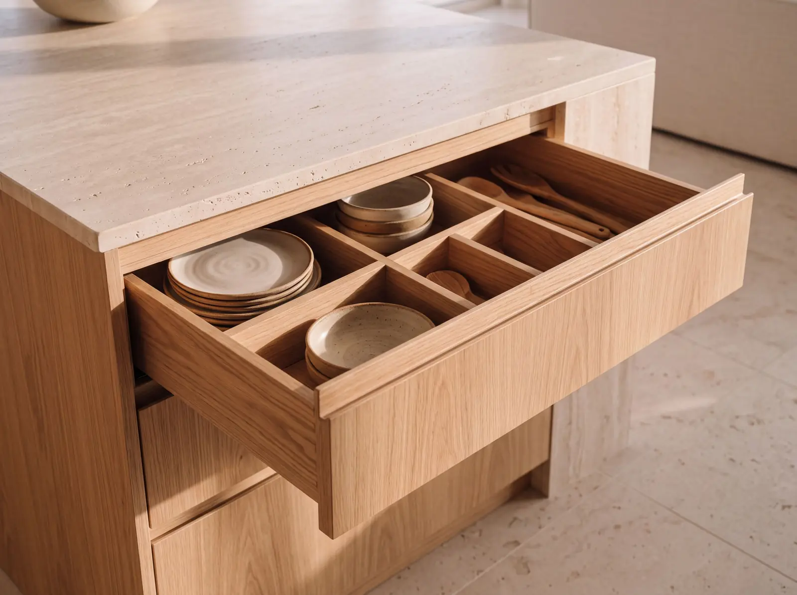 Close-up concept: an open oak drawer with fitted dividers holding plates, bowls and wooden utensils, below a pale stone worktop.