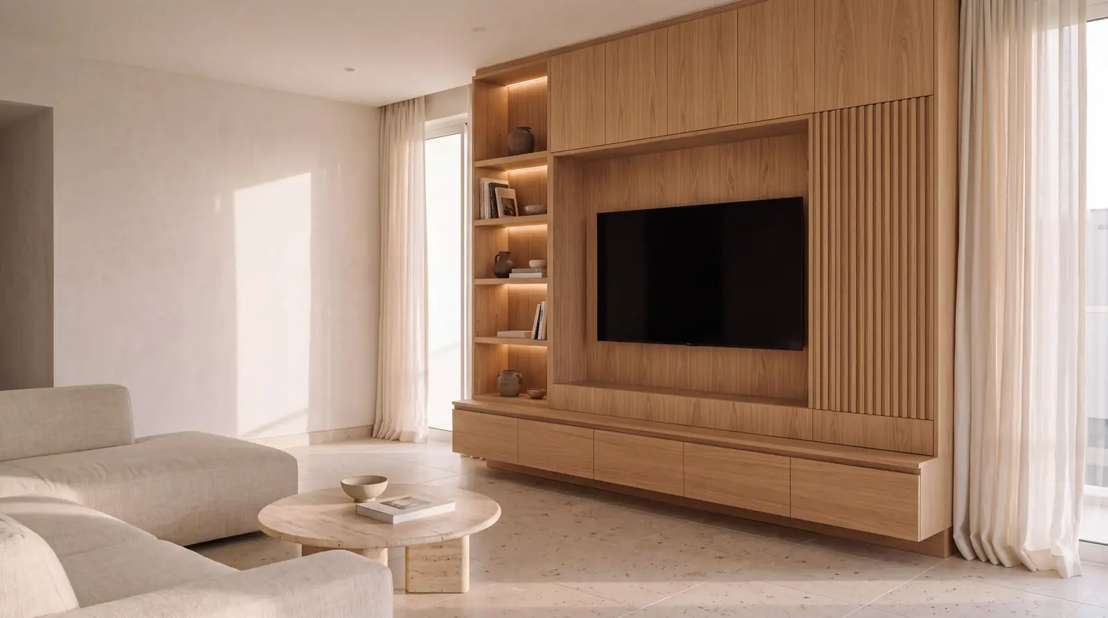 Concept living room: a full-height light oak media wall with a recessed TV, fluted oak slats, a floating oak console and lit open shelves.