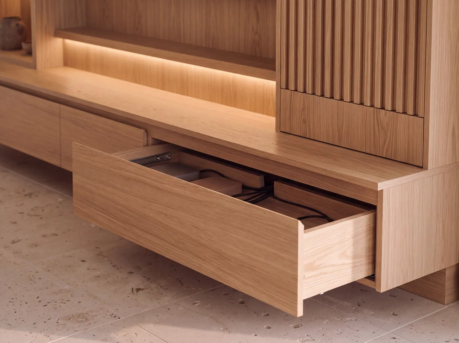 Close-up concept: the floating oak console with a drawer open and cables gathered in a channel, beside fluted oak slats under a lit shelf.