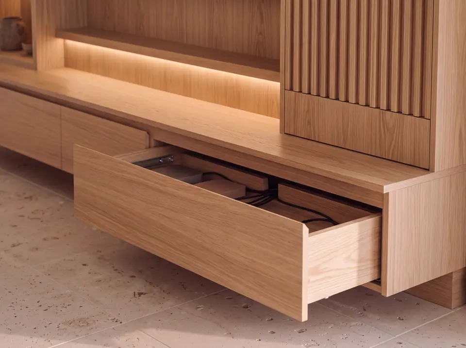 Close-up of the same concept media wall: the floating console drawer open with cables gathered in a channel, next to the fluted slats.