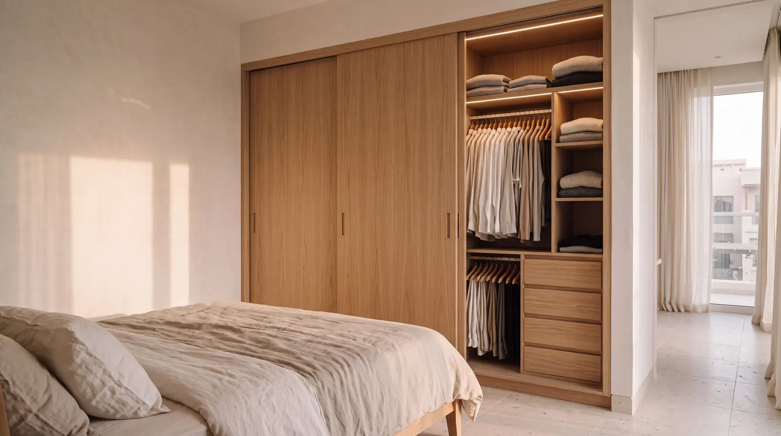 Concept bedroom: a floor-to-ceiling light oak wardrobe with sliding doors, one open to show hanging space, shelves and drawers.
