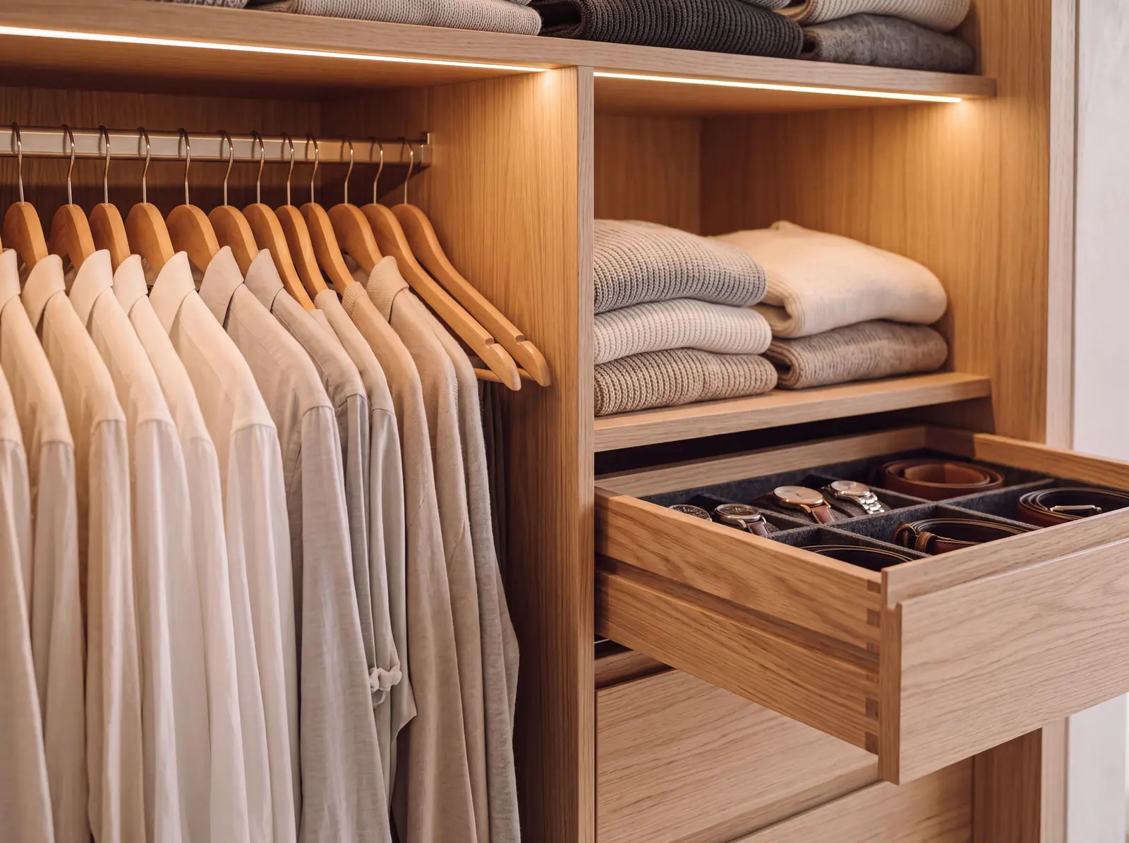 Close-up concept: inside the wardrobe, shirts on a rail, folded knitwear on oak shelves and an open shallow drawer with a lined tray under a warm light strip.